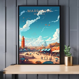 May include: A colorful illustration of a bustling marketplace in Marrakech, Morocco. The image features a tall red tower, a blue sky with white clouds, and many people walking through the market stalls.