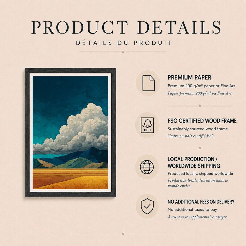 May include: A framed landscape print featuring a golden field, blue mountains, and large white clouds against a dark sky. Text includes PRODUCT DETAILS, PREMIUM PAPER 200 g/m2, FSC CERTIFIED WOOD FRAME, LOCAL PRODUCTION, and NO ADDITIONAL FEES.