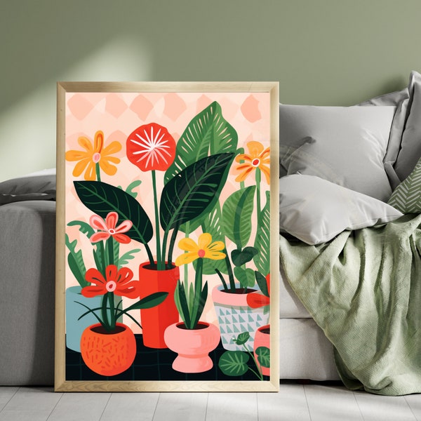 Impression Plantes  | Affiche géométrique colorée de plantes  | Vases et plantes