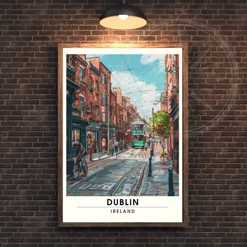 May include: A framed print of a Dublin street scene, showing a green tram, red brick buildings, and people. The artwork is in a wooden frame, mounted on a brick wall. The print includes the text "DUBLIN" and "IRELAND" at the bottom.