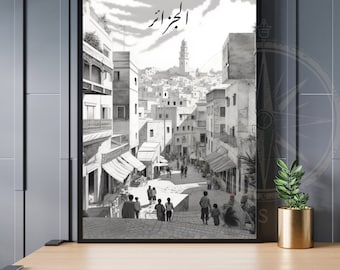 Algiers poster | Algiers travel poster| Algeria Poster | Casbah of Algiers in black and white