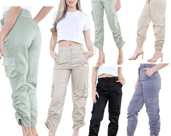 Womens Cargo Style Trouser Fleece Slim Fit Pants Elastic High Waisted Joggers