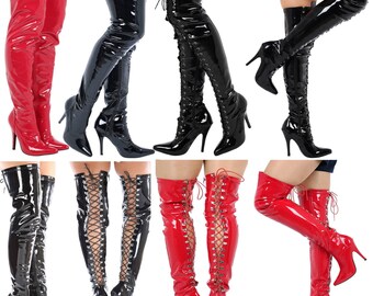 Ladies Sexy Thigh High Over Knee Boots Unisex Front & Back Lace Stiletto Heel Shoes