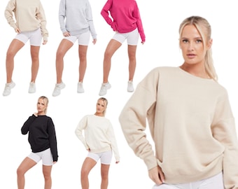 Women's Plain Sweatshirt Soft Crew Neck Fleece Pullover Jumper Top S to XL