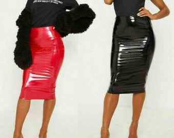 Women's PVC Vinyl Bodycon Midi Skirt Ladies Party Wet Look Pencil Skirt