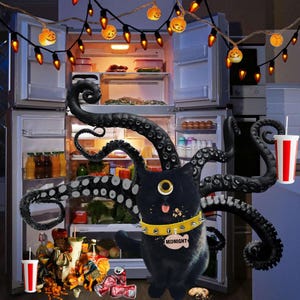 May include: A black cat with a single yellow eye and a studded collar with the name "Midnight" is surrounded by an octopus with tentacles reaching into a refrigerator filled with food. The refrigerator is decorated with a string of lights with orange pumpkin-shaped bulbs.