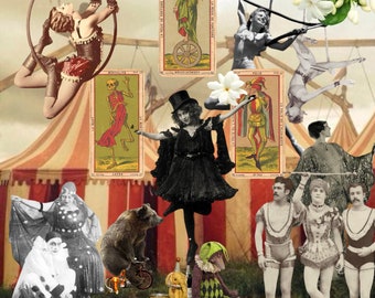 May include: A digital collage featuring vintage circus performers, including aerialists on hoops, a bear on a bicycle, and a person in a black dress and top hat. Tarot cards labeled La Roue de Fortune, La Mort, and La Folie are integrated with white flowers.