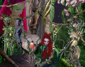 May include: A digital collage featuring a forest background with two figures with vibrant red hair, one wearing green attire, alongside a tree-like humanoid creature, a small figure in a dark robe, and a large tree trunk with twisted vines.