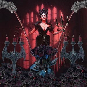 May include: A digital composition featuring a central figure in a black dress with a skull necklace, flanked by two bat-winged candelabras holding lit candles. The scene is surrounded by dark roses and gargoyle-like figures against a red background.