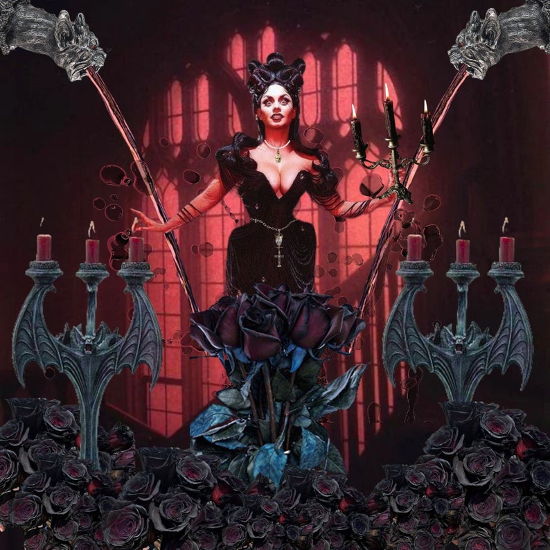 May include: A digital composition featuring a central figure in a black dress with a skull necklace, flanked by two bat-winged candelabras holding lit candles. The scene is surrounded by dark roses and gargoyle-like figures against a red background.