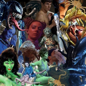 May include: A collage of various science fiction characters and creatures, including a blue alien, a green alien, a black alien, a human, a creature with a long tongue, and a creature with a long tail.