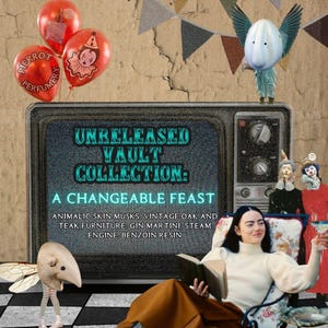 May include: A vintage television screen displays the text UNRELEASED VAULT COLLECTION: A CHANGEABLE FEAST, followed by a list of scents. The scene includes red balloons with Pierrot graphics, a winged creature, and a person reading a book.
