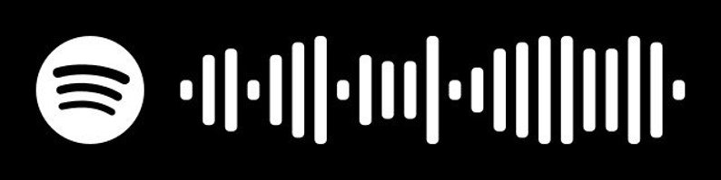 May include: A white Spotify code graphic on a solid black background. The design features the circular Spotify logo icon on the left, followed by a series of vertical bars of varying heights that represent a scannable audio track code.