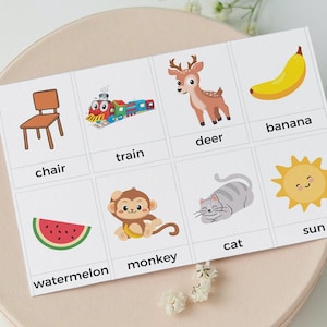 May include: A set of flashcards with colorful illustrations and words for learning basic vocabulary. The words include chair, train, deer, banana, watermelon, monkey, cat, and sun.