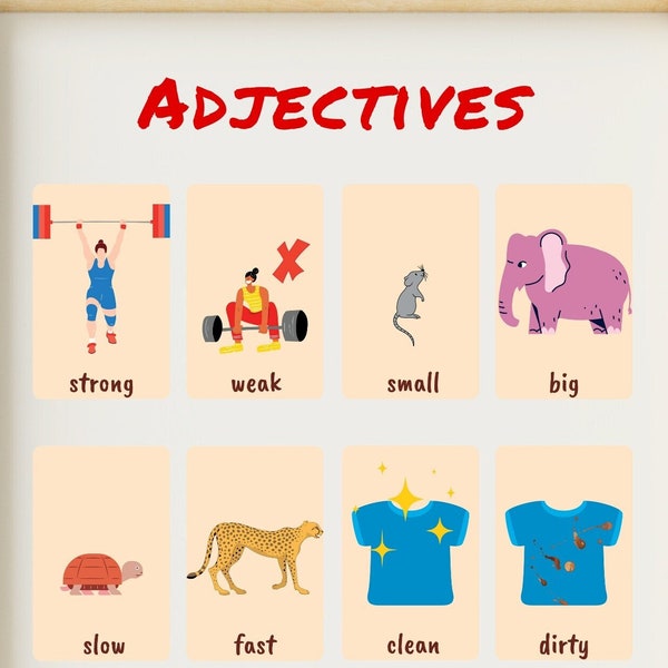 Adjectives Flashcards and Poster | Learn English | SEN | Homeschool Wall Art | Adjective worksheets | Adjectives | English for beginners