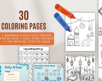 30 pages à colorier pour enfants + 2 trackers de Ramadan | Coloriages du Ramadan et de l'Aïd | livre de coloriage du ramadan | Traqueur de bonnes actions | apprentissage