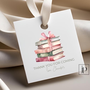 Étiquettes de remerciement de livre d'histoires, chapitre suivant à venir, étiquettes de remise de diplôme, modèle d'étiquette-cadeau rose et vert sauge modifiable en téléchargement numérique