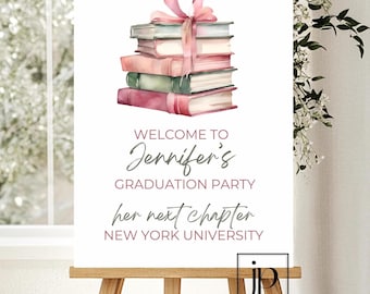 Roze strik Verhalenboek Afstuderen Welkomstbord Sjabloon Her volgende hoofdstuk Grad Party Decor Poster Bewerkbare entree meisjes middelbare school