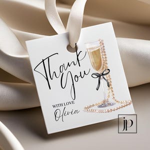 Bearbeitbare Champagner Schwarz Schleife Danke Tags Meilenstein Geburtstag Party Favor Tags Quadrat Brautparty Geschenkanhänger Prosecco & Perlen Vorlage