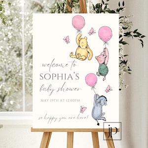Classic Pooh Baby Shower Welcome Sign Girls Pink Winnie the Pooh Friends Decor Sign Editable Pink Butterflies & Balloons Sign Board Template