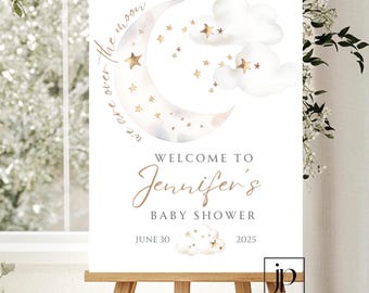 Over The Moon Baby Shower Welcome Sign Celestial Moon, Stars and Clouds Template Editable Gender-Neutral Shower Party Decor Digital Download