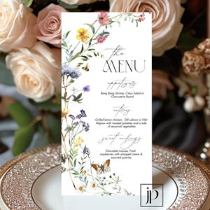 Plantilla de tarjeta de menú de flores silvestres, menú editable para cena de boda, decoración de mesa para despedida de soltera, menú de baby shower de flores silvestres, descarga digital instantánea