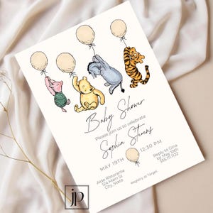Vintage Winnie the Pooh Baby Shower Invite Editable Gender-Neutral Invitation Classic Pooh & Friends with Balloons Invite Template Download