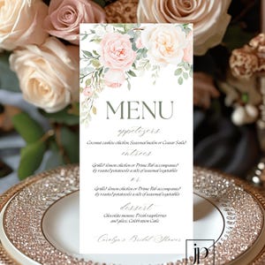 Tarjeta de menú editable en rosa y verde salvia, decoración floral para mesa de boda, plantilla de tarjeta de menú de almuerzo para despedida de soltera, menú de baby shower con flores rosas