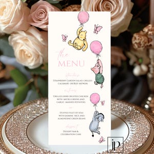 Menu per baby shower per bambine Pooh & Friends Palloncini rosa Modello per menu per il primo compleanno Modello modificabile per carta da cibo Winnie The Pooh vintage da scaricare