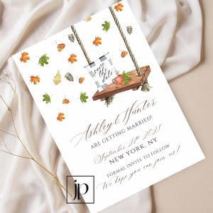 Carte réservez la date pour mariage champêtre Modèle canva modifiable sur le thème de l'automne Balançoire rustique et réservez les feuilles de l'automne en téléchargement numérique