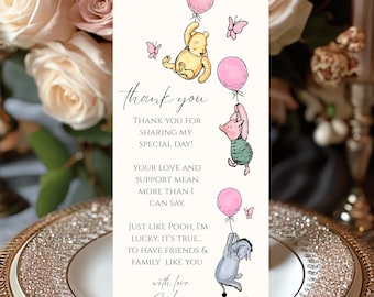 Pooh Baby Shower Thank You Card Editable Girls Pink Vintage Winnie Pooh and Friends Template 1st Birthday Balloons & Butterflies Thank You