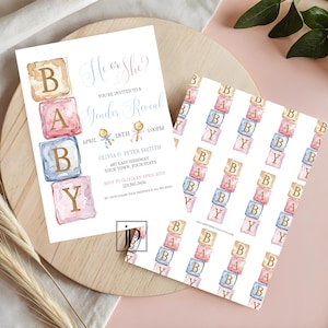 Invitación para revelar el género del bebé: bloques de letras y sonajeros con lazos. ¿Qué será del bebé? Plantilla de invitación para fiesta de revelación. Descarga digital.