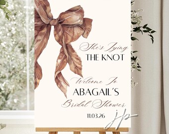 Brown Bow Welcome Sign Template She's Tying The Knot Fall Theme Bridal Shower Decor Editable Autumn Leaves Brunch Welcome Sign for Canva