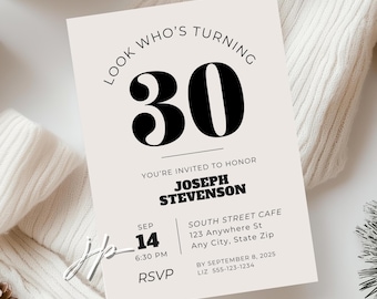 Men’s Modern 30th Birthday Invitation Editable Minimalist 50th Party Invite Template 40th Adult Birthday Digital Download for Canva