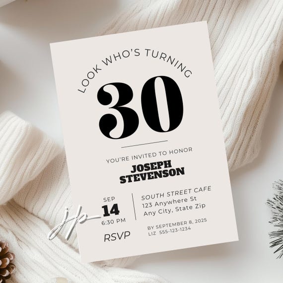 Men’s Modern 30th Birthday Invitation Editable Minimalist 50th Party Invite Template 40th Adult Birthday Digital Download for Canva