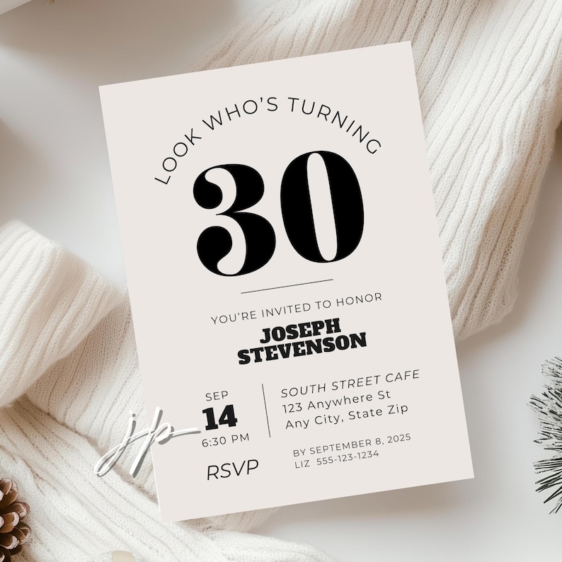 Men’s Modern 30th Birthday Invitation Editable Minimalist 50th Party Invite Template 40th Adult Birthday Digital Download for Canva image 1
