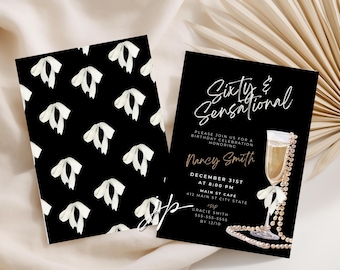 Sixty & Sensational 60th Birthday Invitation Template Pearls and Prosecco Party Invite Editable Bow Champagne Glass Canva Digital Download