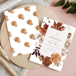May include: Two fall-themed invitation cards. One card features a pumpkin pattern on a white background. The other card has text that reads "Confirmation of Our Daughter" with floral and leaf accents in shades of brown and orange.