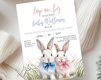 Baby Bunnies Gender Reveal Party Invitation Rabbits with Coquette Bows Editable Invite Template Watercolor Easter Theme Baby Reveal Download