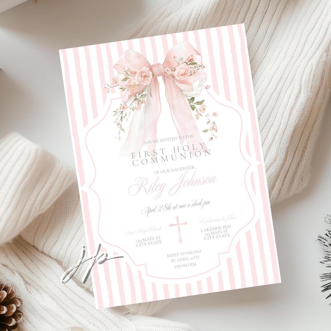 Pink Stripe Holy Communion Invite Template Girls Floral Bow 1st ...