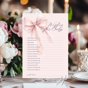 Souhaits de carte de jeu pour baby shower avec noeud rose pour jeu de bébé Fille rose poudré douche activité Coquette thème Imprimable téléchargement numérique instantané