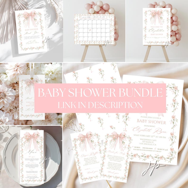 May include: A baby shower bundle featuring invitations, thank you cards, and a menu. The designs include floral borders, bows, and the text "Baby Shower Bundle Link in Description". The color palette is soft pink and white.