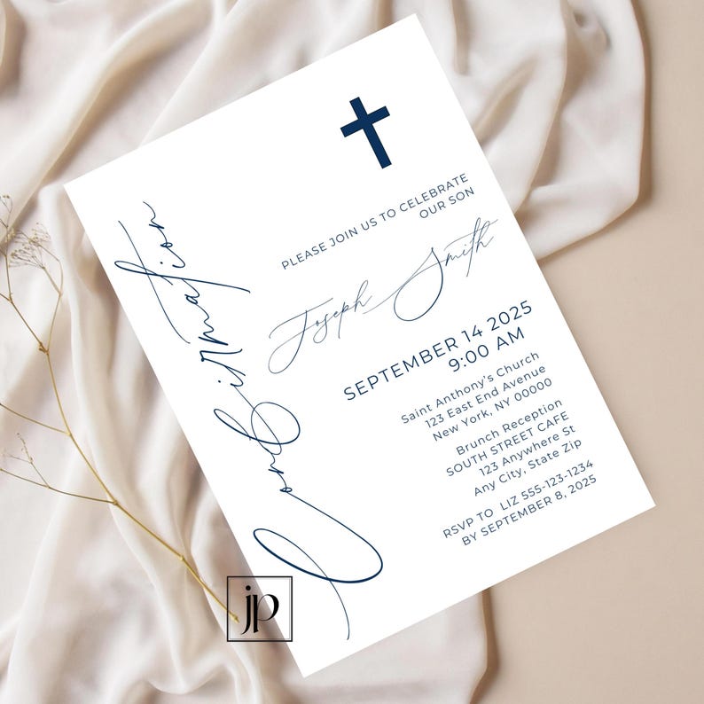 May include: A white invitation card with a blue cross at the top. The text on the card reads "Please join us to celebrate our son Joseph Smith, September 14, 2025, 9:00 AM, Saint Anthony's Church, 123 East End Avenue, New York, NY 00000, Brunch Reception, South Street Cafe, 123 Anywhere St, Any City, State Zip, RSVP to Liz 555-123-1234 by September 8, 2025."