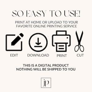 May include: A graphic with the text "SO EASY TO USE!" and instructions to edit, download, print, and cut. The image includes icons for each step and states "THIS IS A DIGITAL PRODUCT NOTHING WILL BE SHIPPED TO YOU."