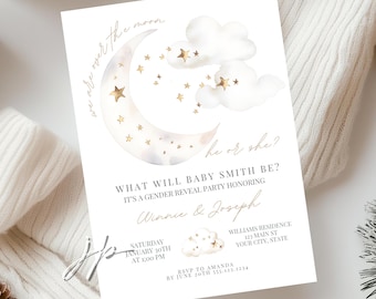 Over The Moon Gender Reveal Party Invitation Editable Celestial Stars & Clouds Invite Template Gold and White What Will Baby Be Download