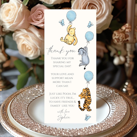 Pooh Baby Shower Thank You Card Classic Winnie the Pooh and Friends Table Decor Editable Blue 1st Birthday Balloons Thank You Template Canva