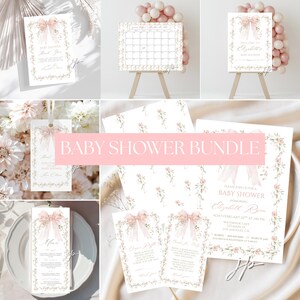 May include: A baby shower stationery bundle featuring white paper cards with a pink bow and floral vine border. The set includes an invitation, menu, thank you card, calendar, diaper raffle, and book request card with elegant script text.