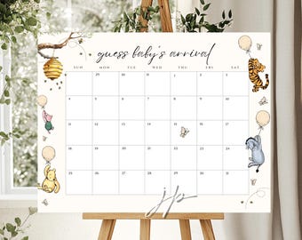 Vintage Pooh Baby Due Date Calendar Template Winnie The Pooh & Friends Baby Shower Game Reveal Party Guess The Arrival Day Canva Download