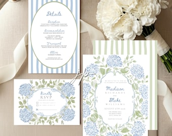 Blauwe hortensia's bruiloft uitnodiging suite bewerkbare groene kust streep uitnodigen sjabloon set grillige zomer bloemen canva digitale download