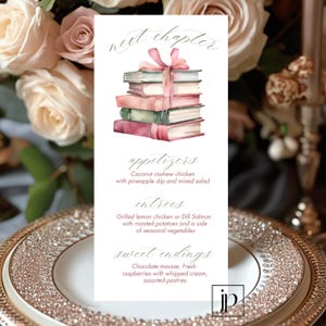 Verhalenboek Menukaart Volgend hoofdstuk Bruidsborrel Lunchmenu Bewerkbaar Roze en salie Boeken Menusjabloon Afstudeerfeest Dinermenu downloaden